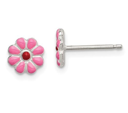 Sterling Silver Madi K Polished Pink and Red Enameled Flower Children's Post Earrings