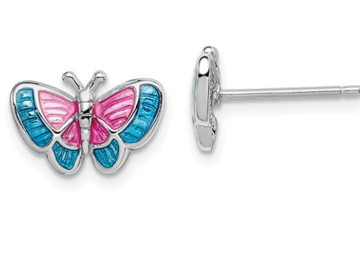 Sterling Silver Rhodium-plated Madi K Polished Pink and Blue Enameled Butterfly Children's Post Earrings