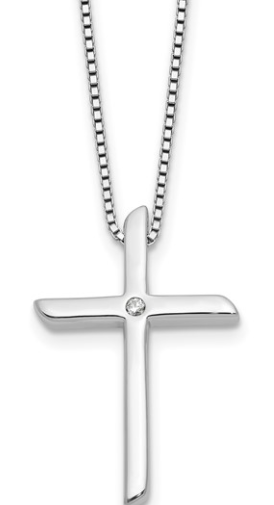 Sterling Silver RH Plated White Ice .03ct. Diamond Cross with 2IN EXT Necklace