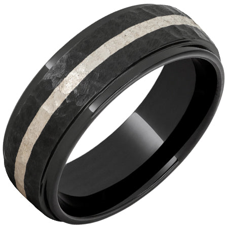 Mens Black Diamond Ceramic Domed Band with Grooved Edges, 2mm Sterling Silver Inlay and Moon Finish