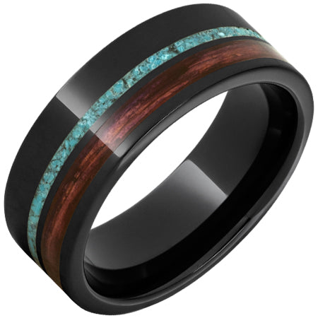 Mens Black Ceramic Pipe Cut Band with Off-Center Cabernet Barrel Aged™ & Turquoise Inlay