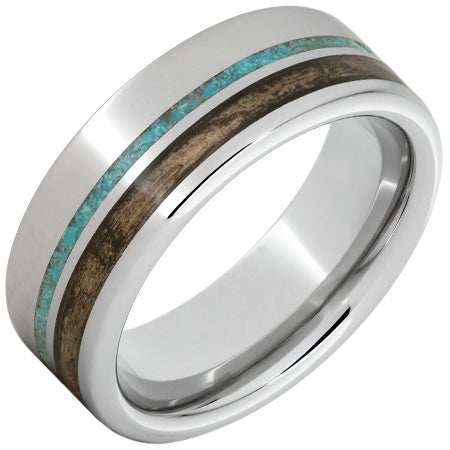 Mens Serinium® Pipe Cut Band with Off-Center Bourbon Barrel Aged™ & Turquoise Inlay