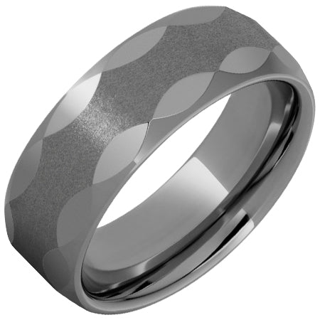 Mens Rugged Tungsten™ Domed Flat Top Band with Oval Facets and Stone Finish