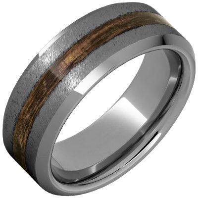 Mens Rugged Tungsten™ Beveled Edge Band with Bourbon Barrel Aged™ Inlay and Grain Finish