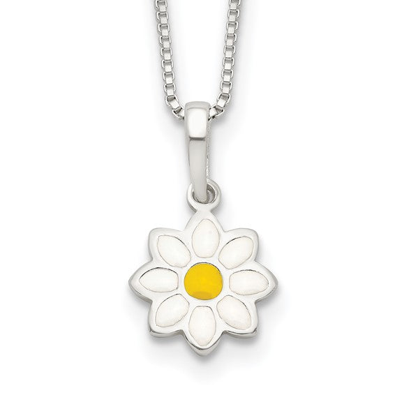 Sterling Silver Polished Yellow and White Enamel Flower Children's Necklace